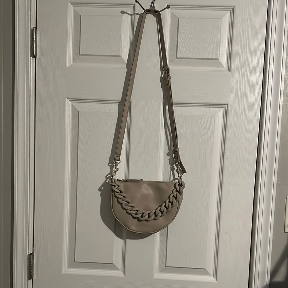 Modern Tan Crossbody Bag with Chain Detail